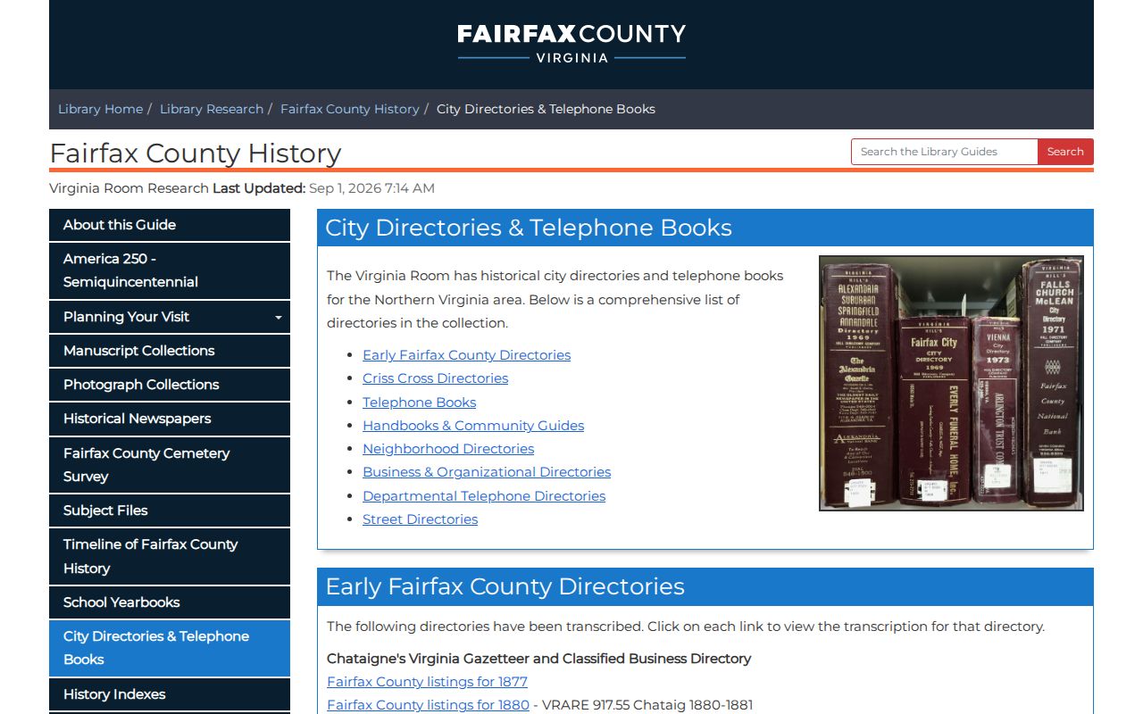 McLean city directory collection page for Fairfax historical directory years
