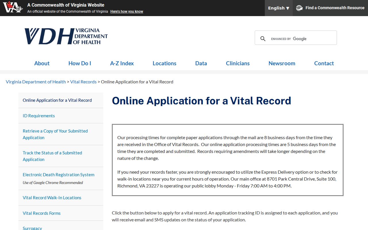 McLean resident lookup vital-record application instructions from Virginia Department of Health
